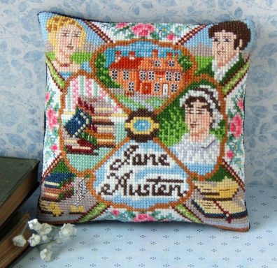 Jane Austen cross stitch kit featuring Regency style motifs and romantic characters.